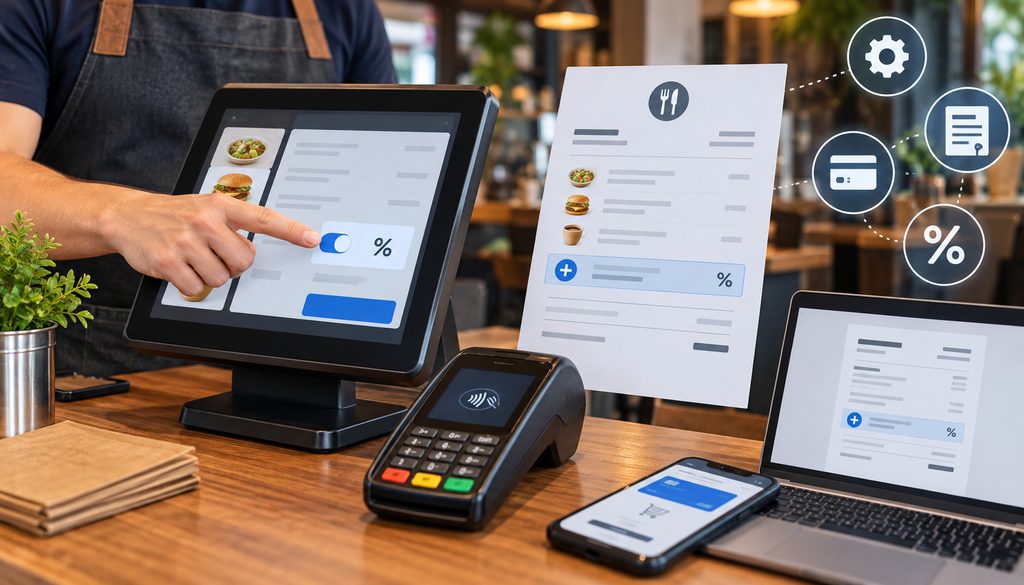 POS and invoice setup showing a surcharge line for card payments