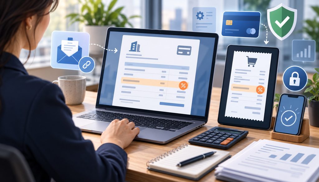 Invoice surcharge compliance with digital invoice, receipt, card, and security icons
